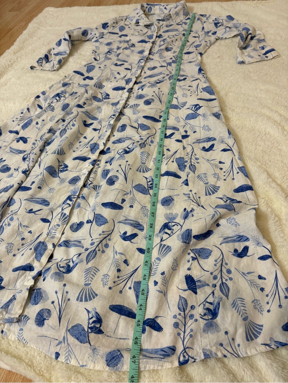 Cynthia Rowley Linen Blend White Button Down Maxi Dress with Blue Leaf Print XS - Picture 6 of 10